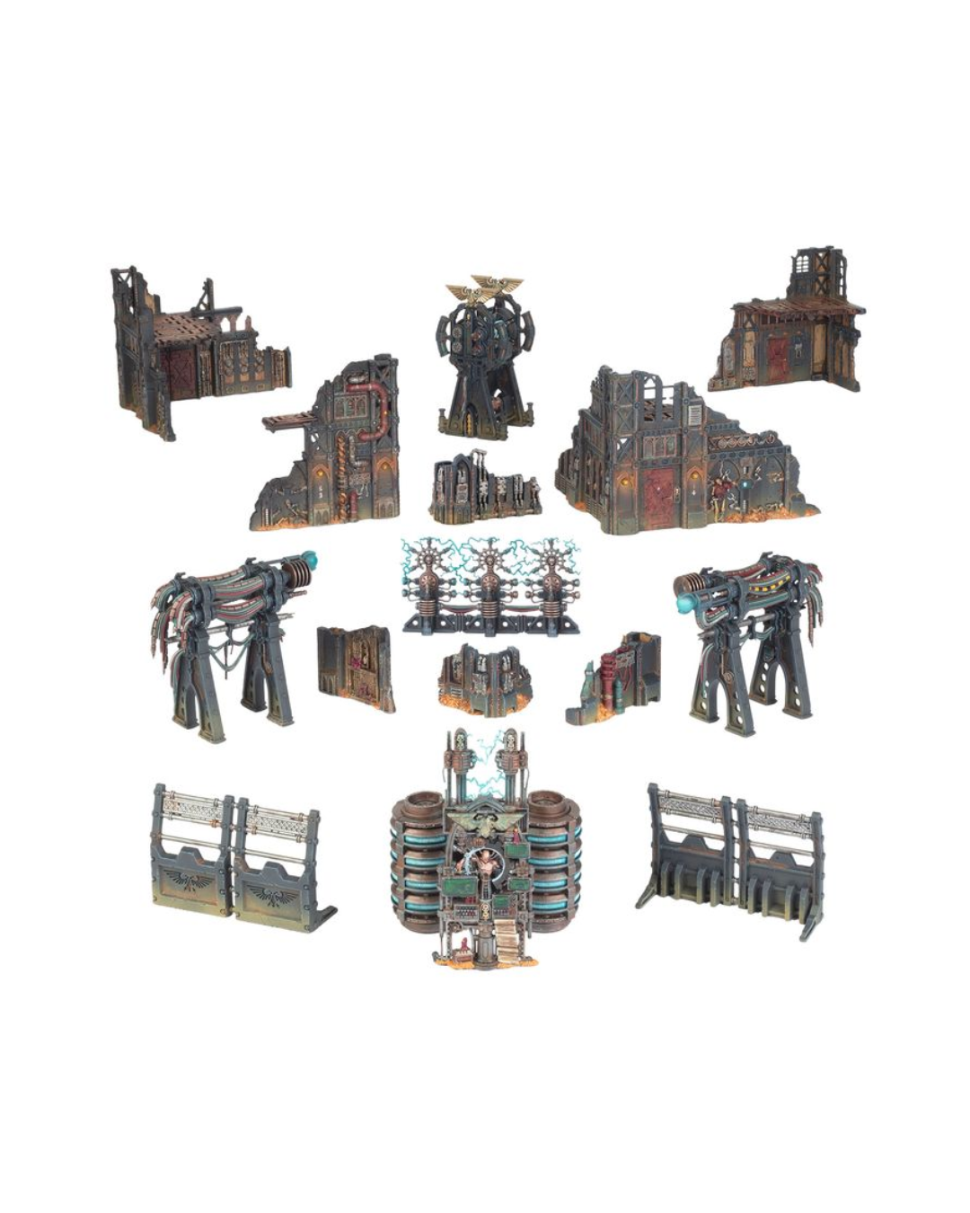 A set of miniature sci-fi or steampunk terrain pieces, including ruined buildings, walls, and mechanical structures, arranged on a plain white background.
