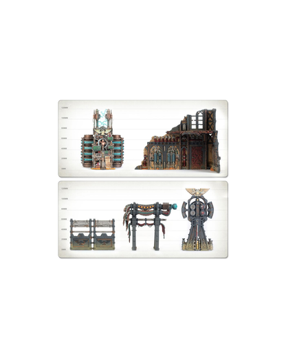 Four Warhammer model pieces displayed on a white background with height measurement markings behind them. The set includes two larger ornate building-like structures on the top row and two smaller mechanical/robotic components on the bottom row.