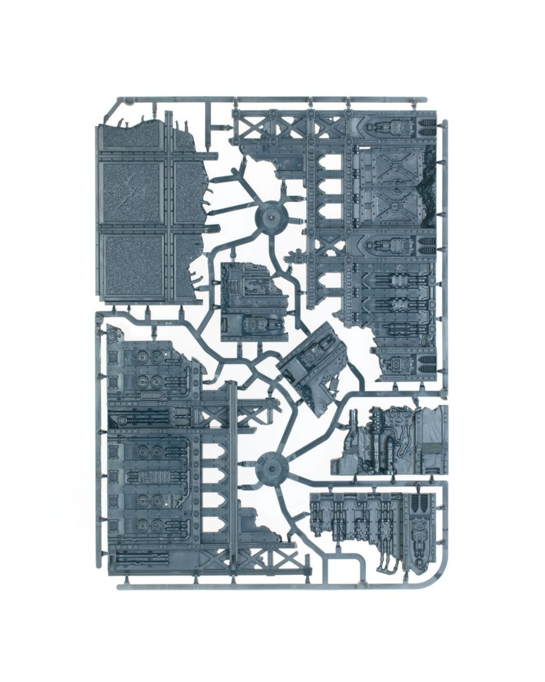 A flat, top-down view of a gray plastic Warhammer 
sprue containing highly detailed miniature terrain pieces and buildings, isolated on a solid white background.