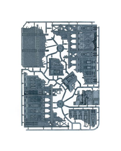 A flat, top-down view of a gray plastic Warhammer 
sprue containing highly detailed miniature terrain pieces and buildings, isolated on a solid white background.