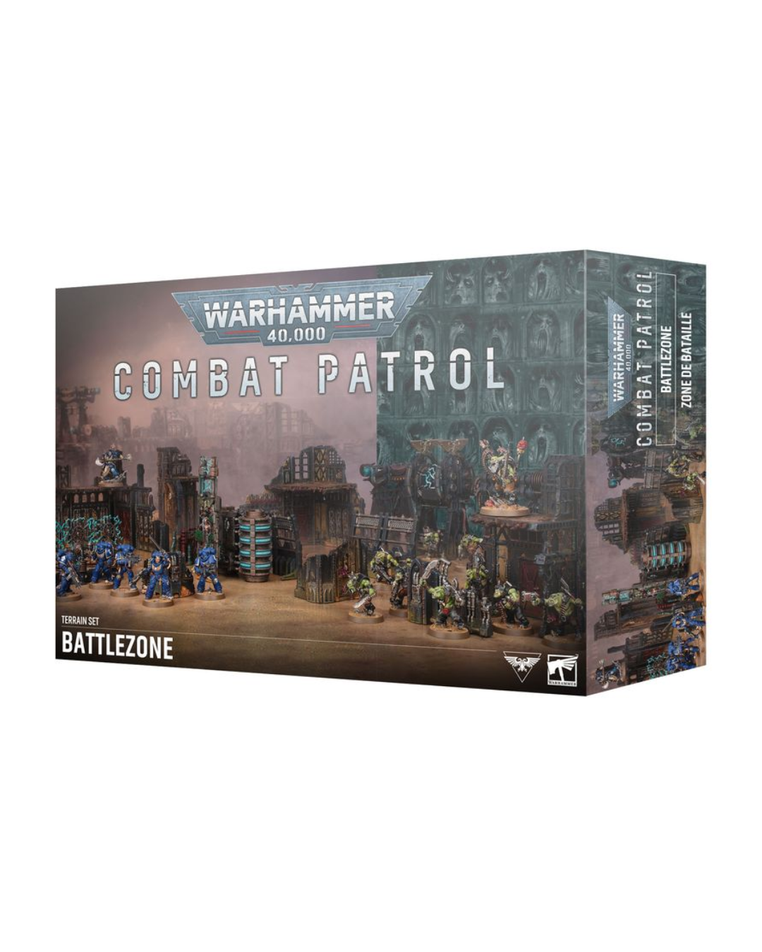 Warhammer 40k Battlezone Combat Patrol miniatures kit box, showing the front and side panels with painted space marine figures and futuristic city scenery.