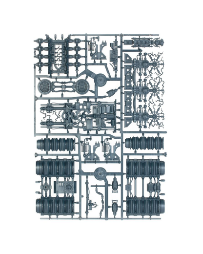 A flat-lay view of a miniature plastic model kit sprue containing various gray mechanical parts, cylinders, and components on a white background.
