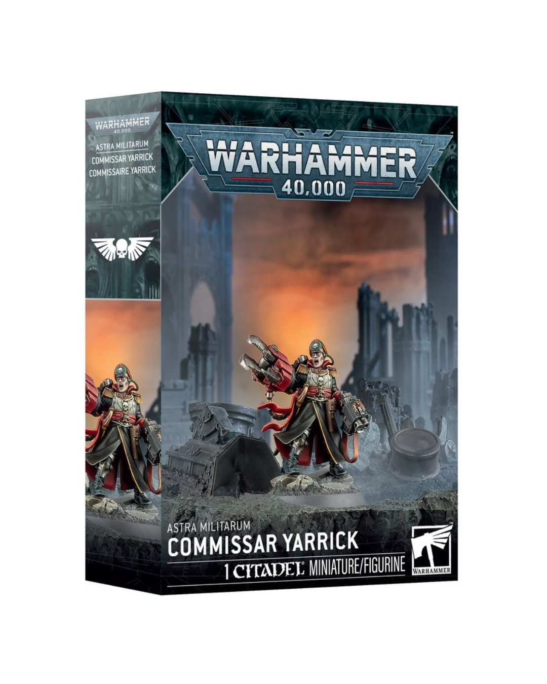Warhammer 40,000 game box featuring Commissar Yarrick on a white background