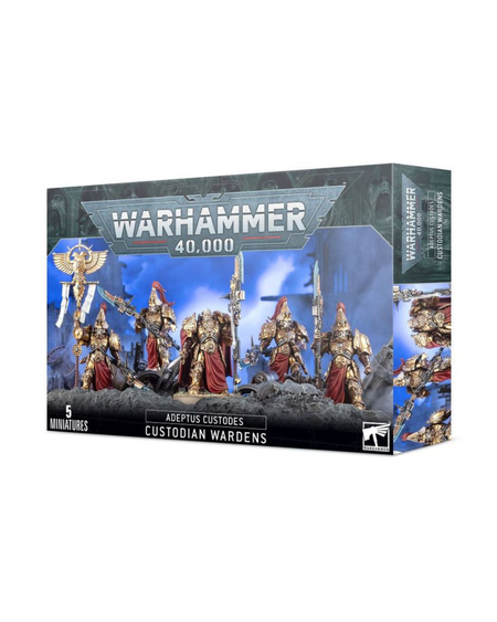 Warhammer 40,000 Custodian Wardens miniatures box set, showing the retail packaging with illustrated figures and the Warhammer 40,000 branding on a white background.