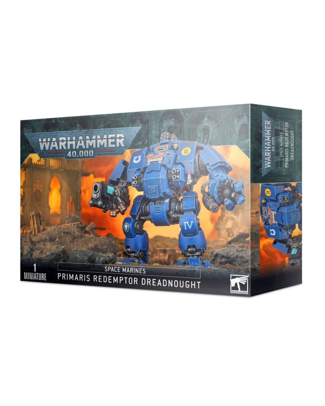 Warhammer 40,000 Primaris Redemptor Dreadnought miniatures box by Games Workshop, showing the blue robotic mecha on a dark illustrated battle scene with orange fire effects.