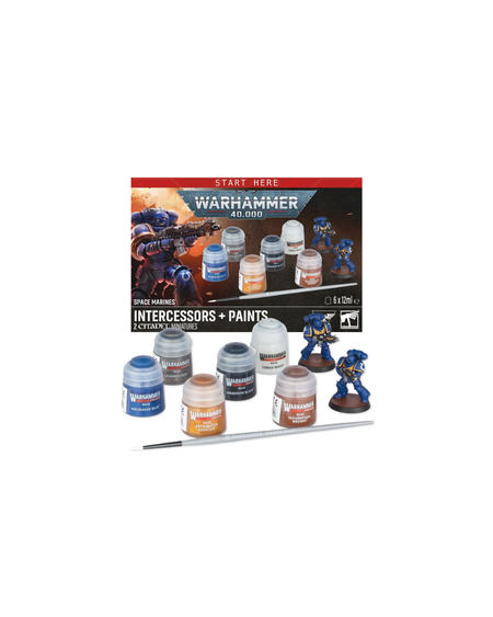 Warhammer 40k Intercessors + Paints starter kit showing the retail box, several small paint bottles, two painted miniatures, and a fine-tip paintbrush on a white background.
