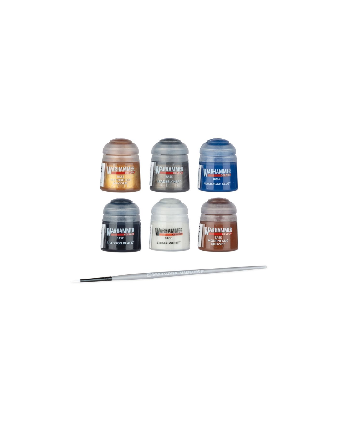 Six small jars of Warhammer 40k Vallejo Color Master paint, arranged in two rows with a fine paintbrush below them on a plain white background.