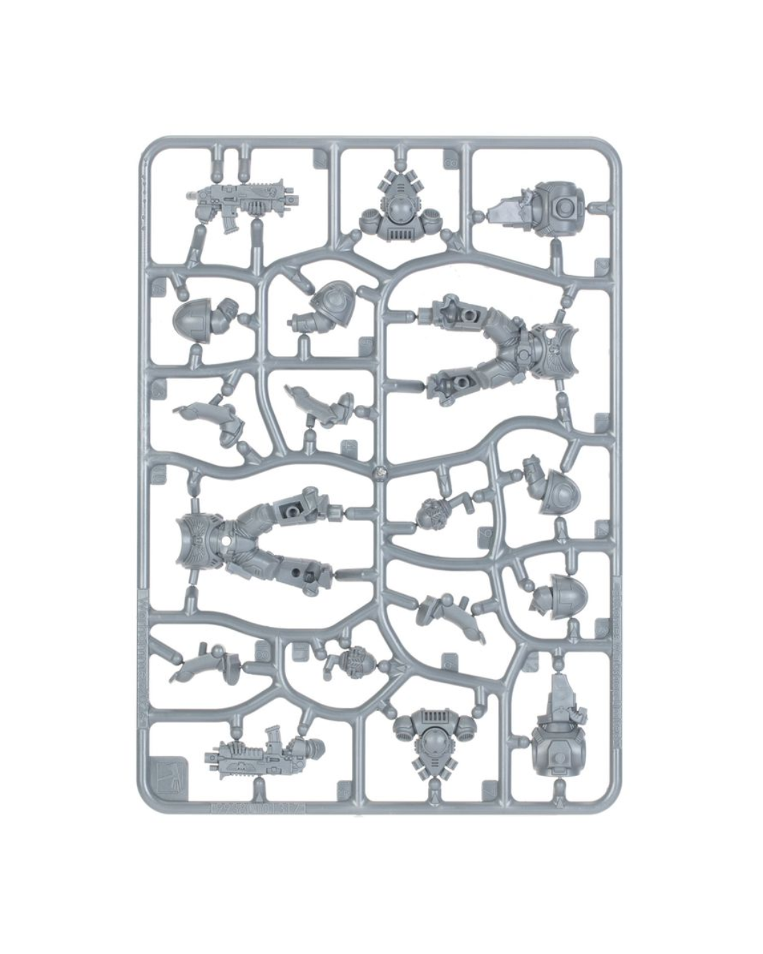 A gray plastic sprue containing multiple unpainted miniature parts for tabletop wargaming, isolated on a white background.