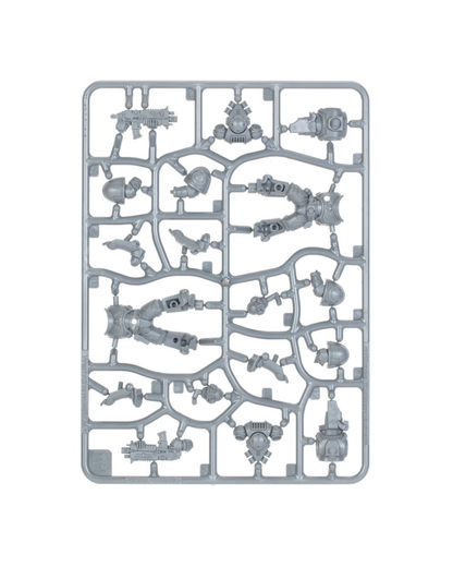 A gray plastic sprue containing multiple unpainted miniature parts for tabletop wargaming, isolated on a white background.