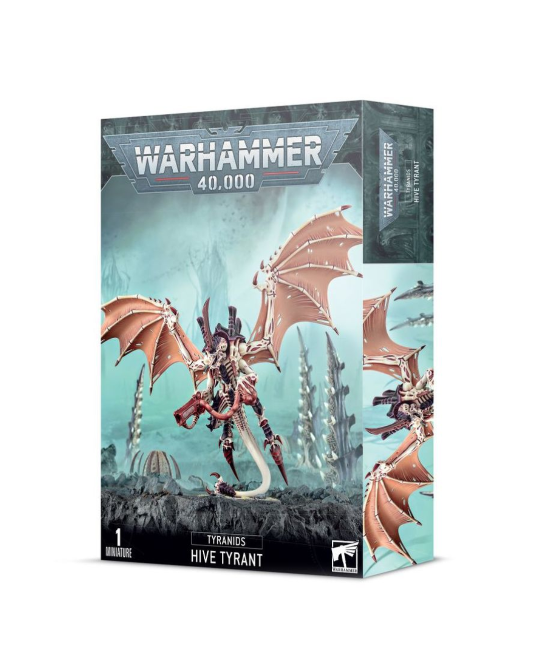 Warhammer 40,000 Hive Tyrant box set packaging, featuring a detailed illustration of the Hive Tyrant figure with large orange-brown wings and a dark armored body, shown on a clean white background.