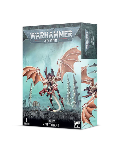 Warhammer 40,000 Hive Tyrant box set packaging, featuring a detailed illustration of the Hive Tyrant figure with large orange-brown wings and a dark armored body, shown on a clean white background.