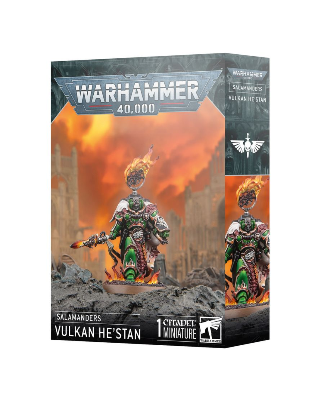 Warhammer 40,000 Salamanders Vulkan He'Stan miniature box set by Games Workshop, featuring illustrated sci-fi battle scene artwork on the packaging.