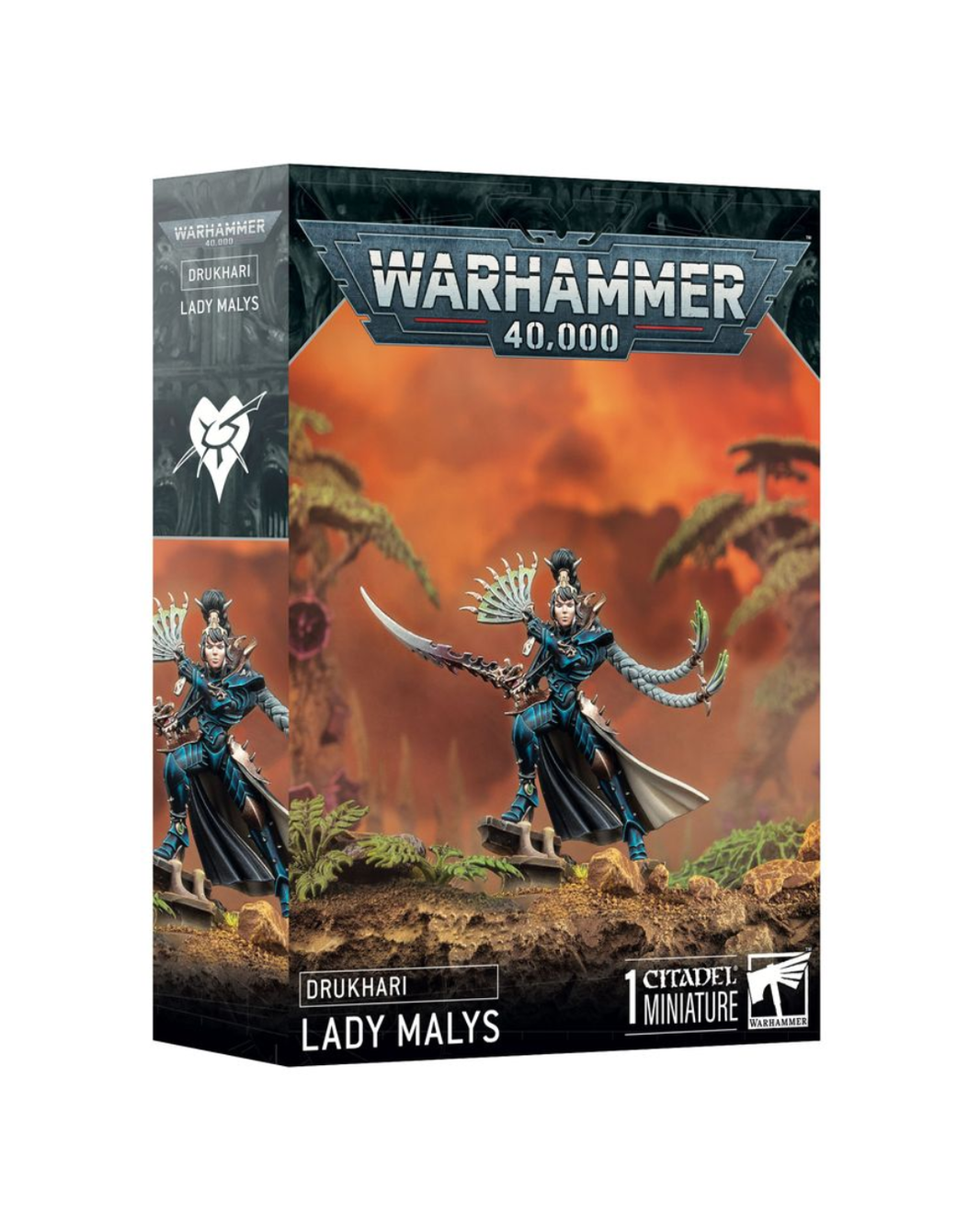 Warhammer 40,000 Lady Malys Drukhari miniature box set by Citadel Miniatures, featuring a sci-fi fantasy character illustration on the front and side panels.