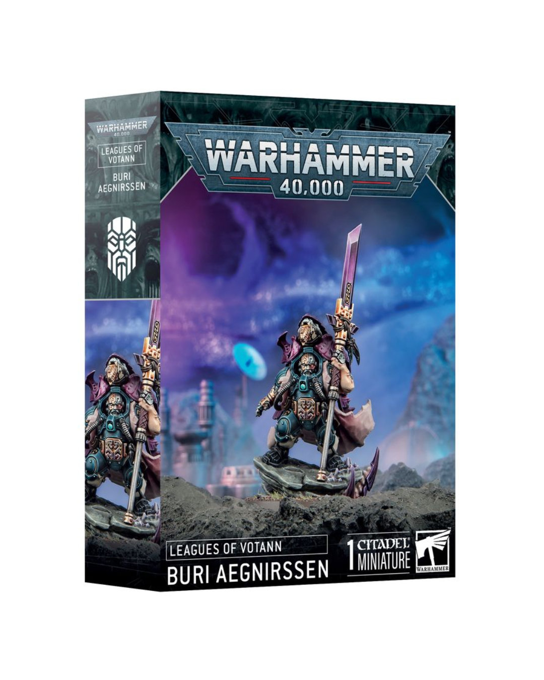 Warhammer 40,000 Leagues of Votann Buri Aegnirssen Cityscale Miniatures box set, featuring a detailed fantasy miniature on the front cover against a clean white background.
