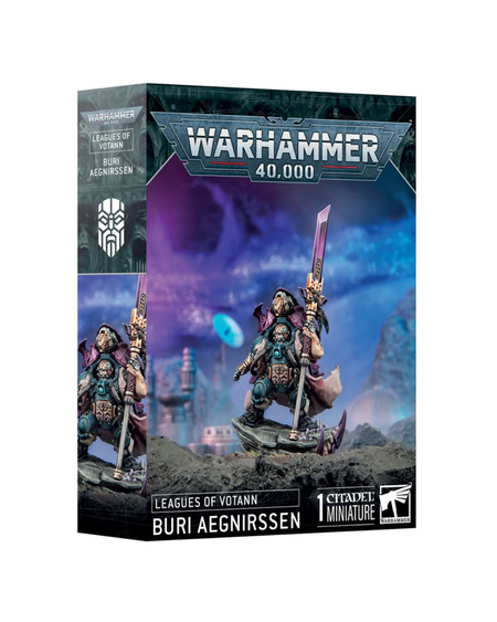 Warhammer 40,000 Leagues of Votann Buri Aegnirssen Cityscale Miniatures box set, featuring a detailed fantasy miniature on the front cover against a clean white background.