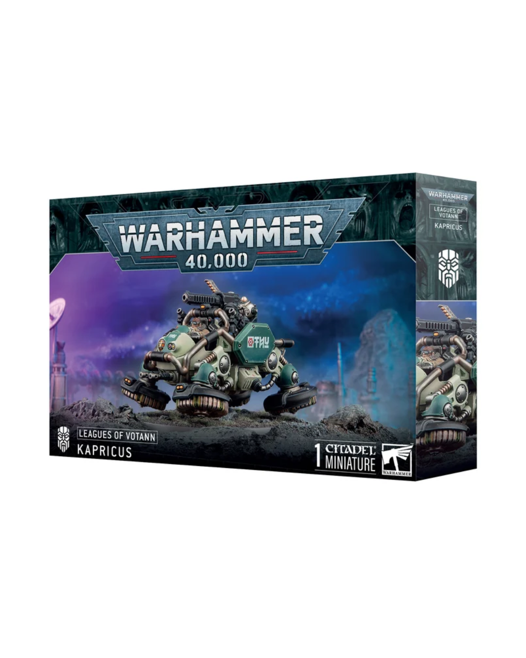 Warhammer 40,000 Capricus 1:16 scale miniature box, featuring a sci-fi vehicle illustration on the front with the Warhammer 40,000 branding and a black background.