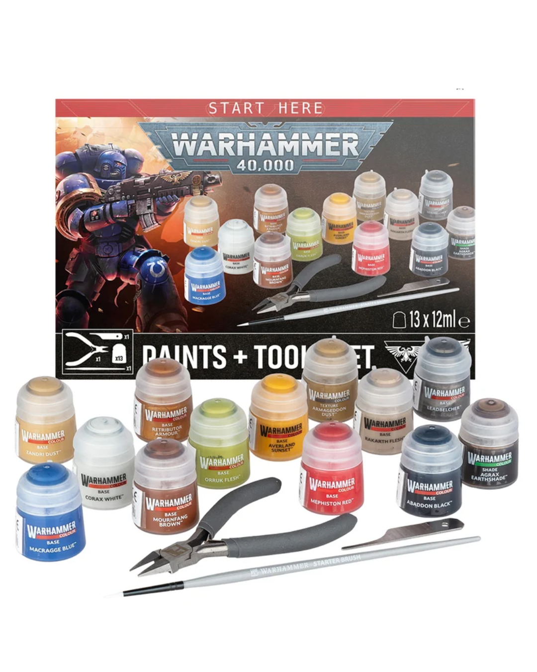 Warhammer Paint and Tool Set display box in front of a white background with paints, brush, moldline remover and clippers in front of the box.