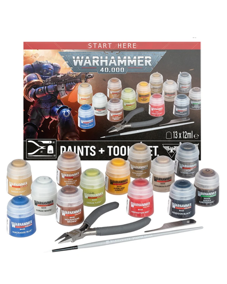 Warhammer Paint and Tool Set display box in front of a white background with paints, brush, moldline remover and clippers in front of the box.