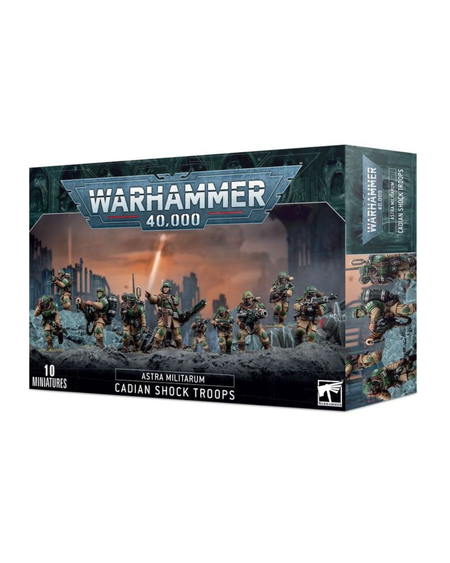 Warhammer 40,000 Astra Militarum  Cadian Shock Troops miniatures box, showing the product packaging with illustrated miniatures and a Warhammer 40,000 logo on a white background.