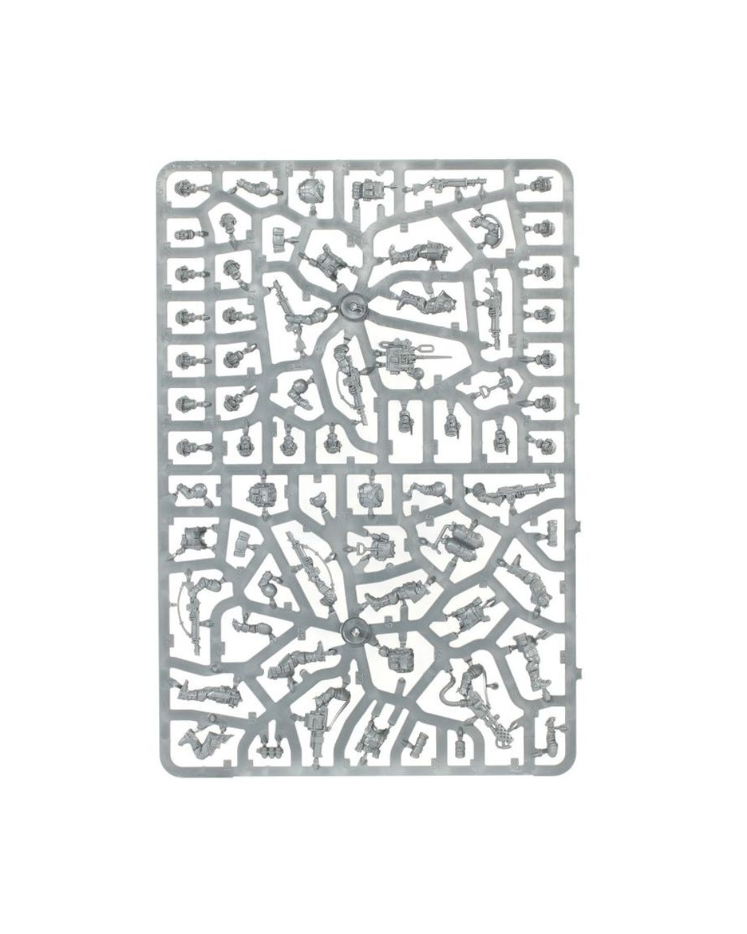 A gray plastic sprue containing multiple small molded parts for a model kit, isolated on a white background.