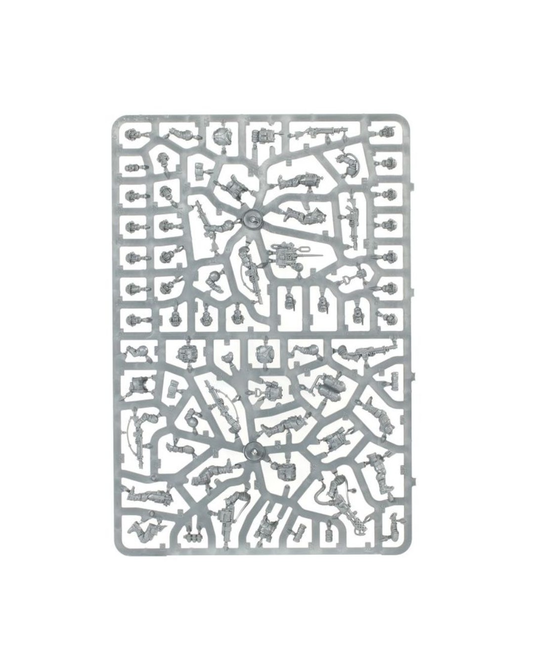 A gray plastic sprue containing multiple small molded parts for a model kit, isolated on a white background.