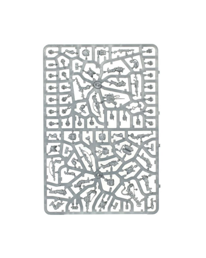 A gray plastic sprue containing multiple small molded parts for a model kit, isolated on a white background.