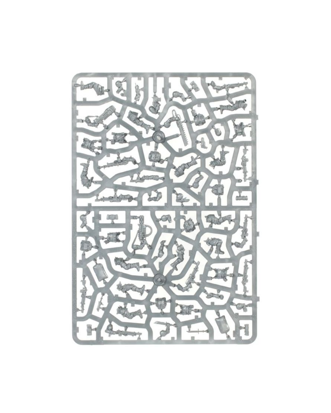 A rectangular gray plastic sprue containing numerous small unpainted miniature plastic parts, isolated on a solid white background.
