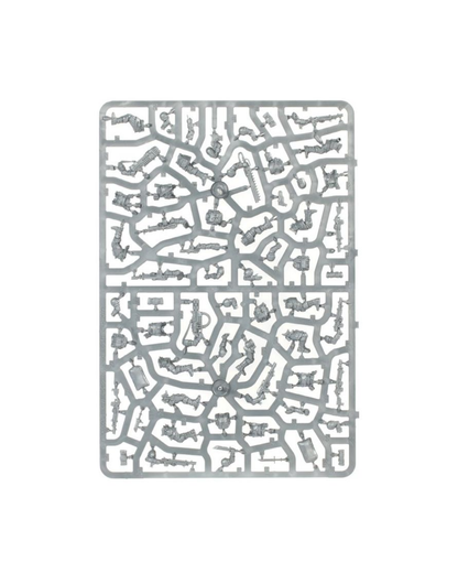 A rectangular gray plastic sprue containing numerous small unpainted miniature plastic parts, isolated on a solid white background.