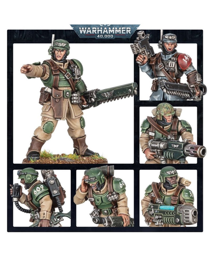Warhammer 40,000 painted miniatures sheet featuring a Space Marine infantryman with a chainsword, shown in a large main view and five smaller detail views on a black background with the Warhammer 40,000 logo at the top.
