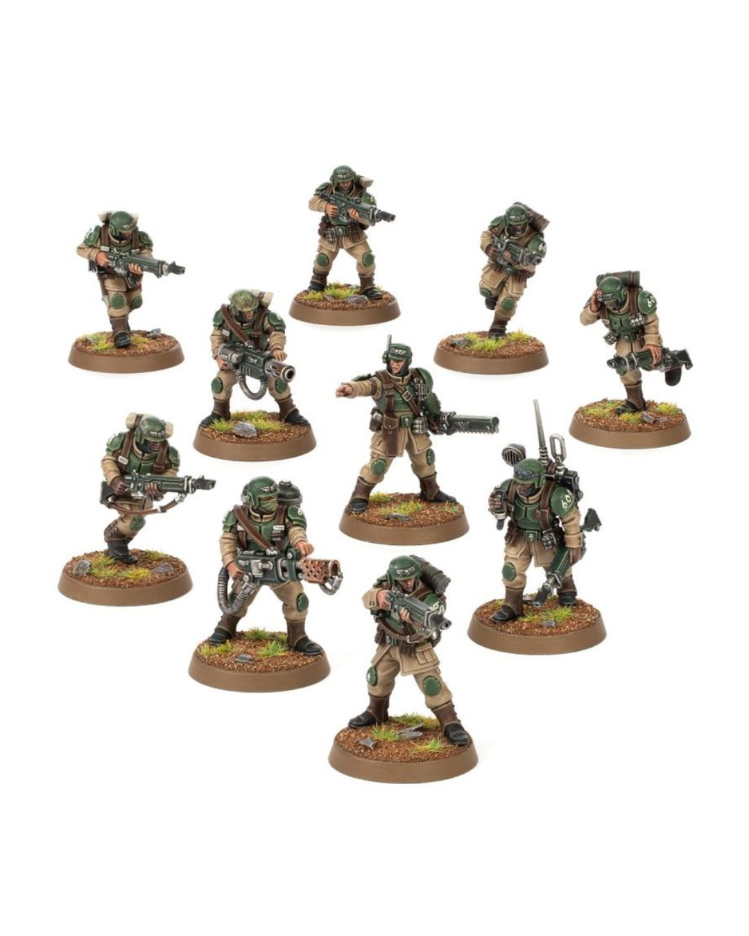 A set of nine painted miniature soldier figures in desert camouflage uniforms, posed dynamically across a plain white background.