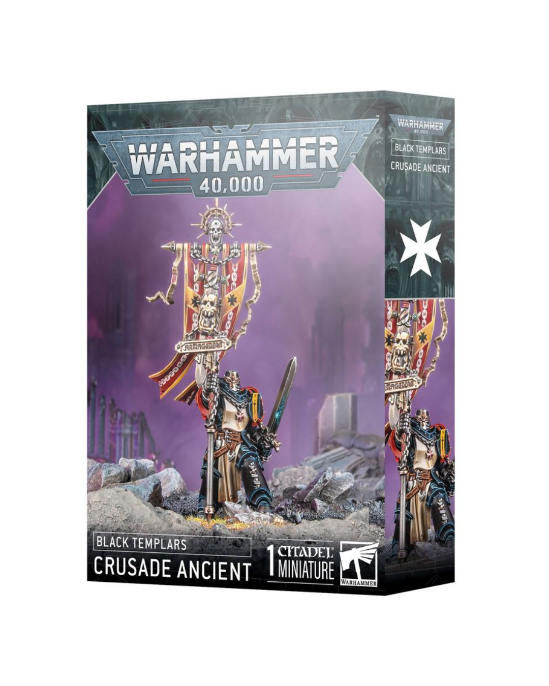 Warhammer 40,000 Black Templars Crusade Ancient 1 Citadel Miniature box, showing the product packaging with a purple and black design and illustrations of the miniature figure.