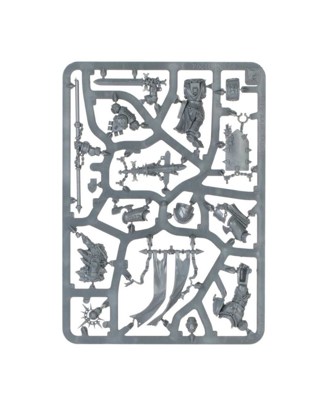 A gray plastic sprue containing various unpainted miniature model parts, isolated on a white background.