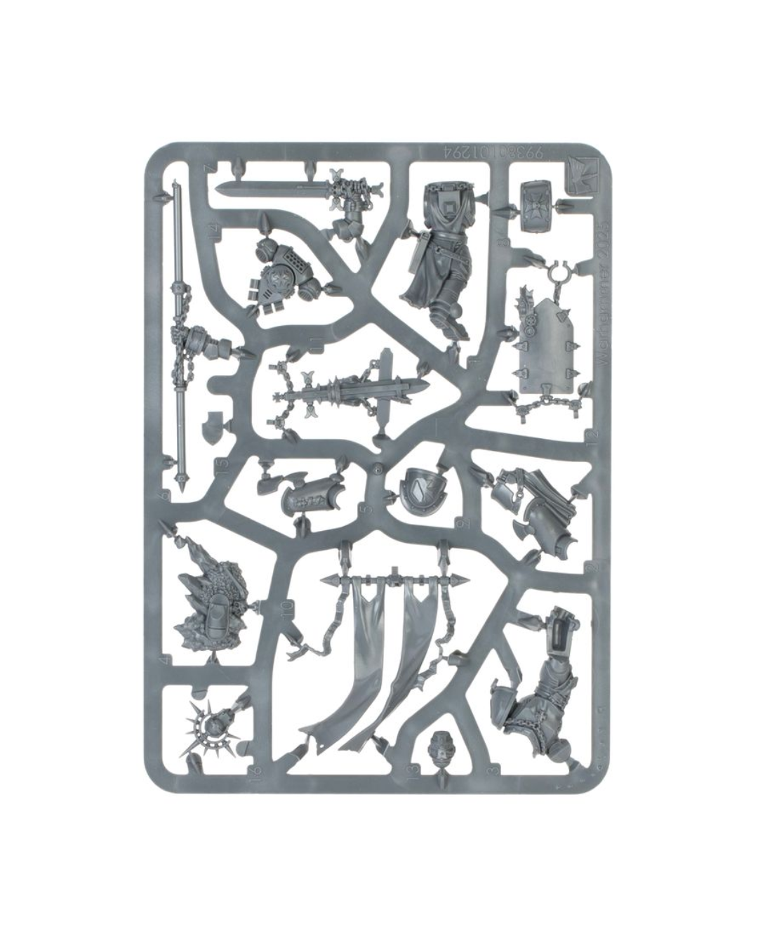 A gray plastic sprue containing various unpainted miniature model parts, isolated on a white background.
