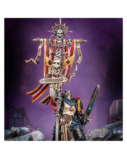 A highly detailed miniature figurine of a Warhammer 40k Space Marine holding a large, ornate skull banner with the word 'HARAGHENDER' on a purple, atmospheric background.