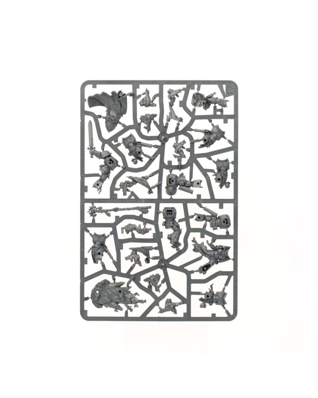 A rectangular gray plastic sprue containing multiple unpainted miniature figurines and accessories, isolated on a white background.