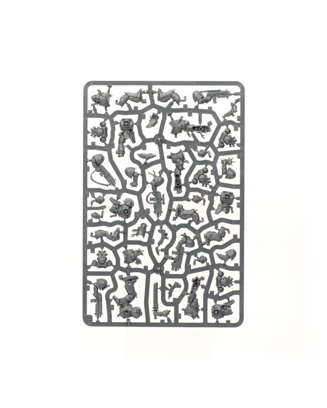 A gray plastic sprue containing numerous miniature sci-fi and fantasy weapon, tool, and character parts, isolated on a white background.