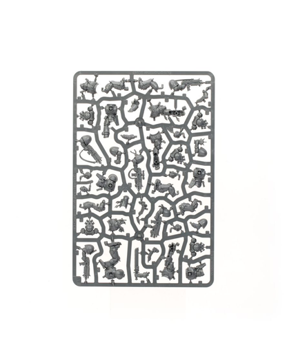 A gray plastic sprue containing numerous miniature sci-fi and fantasy weapon, tool, and character parts, isolated on a white background.