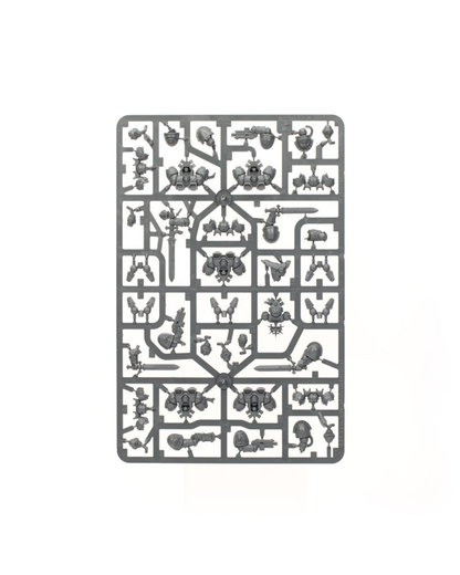 A rectangular gray plastic sprue containing numerous unpainted miniature model parts, isolated on a solid white background.