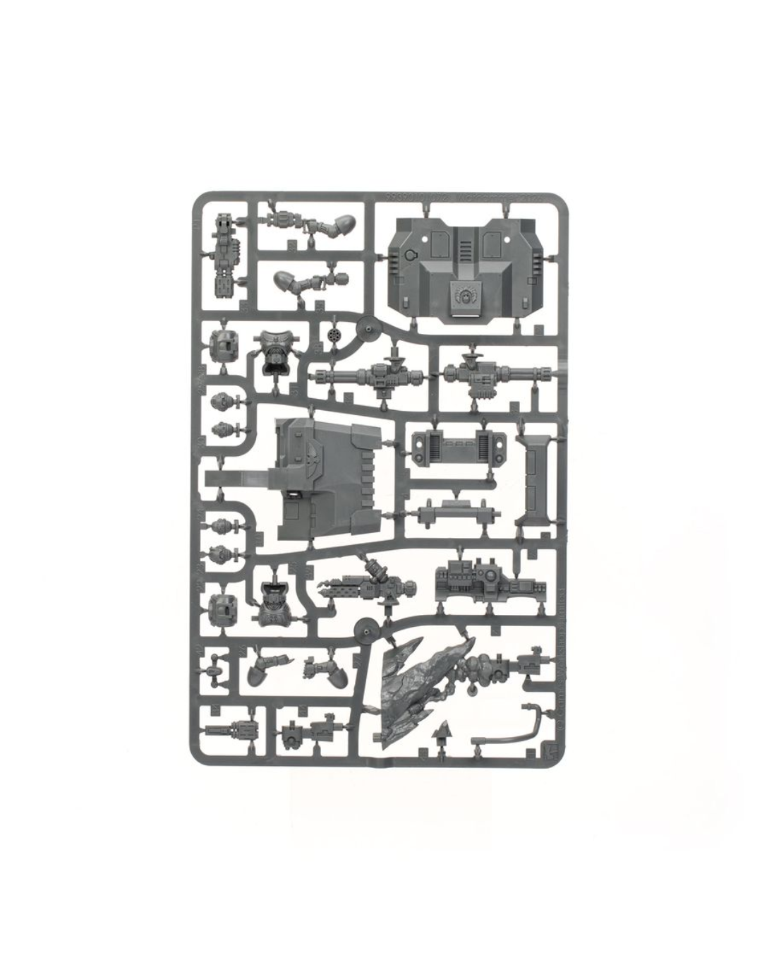 A gray plastic sprue containing various miniature model parts, photographed flat against a solid white background.