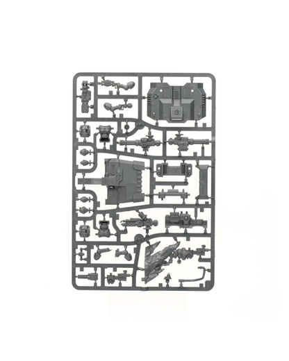 A gray plastic sprue containing various miniature model parts, photographed flat against a solid white background.