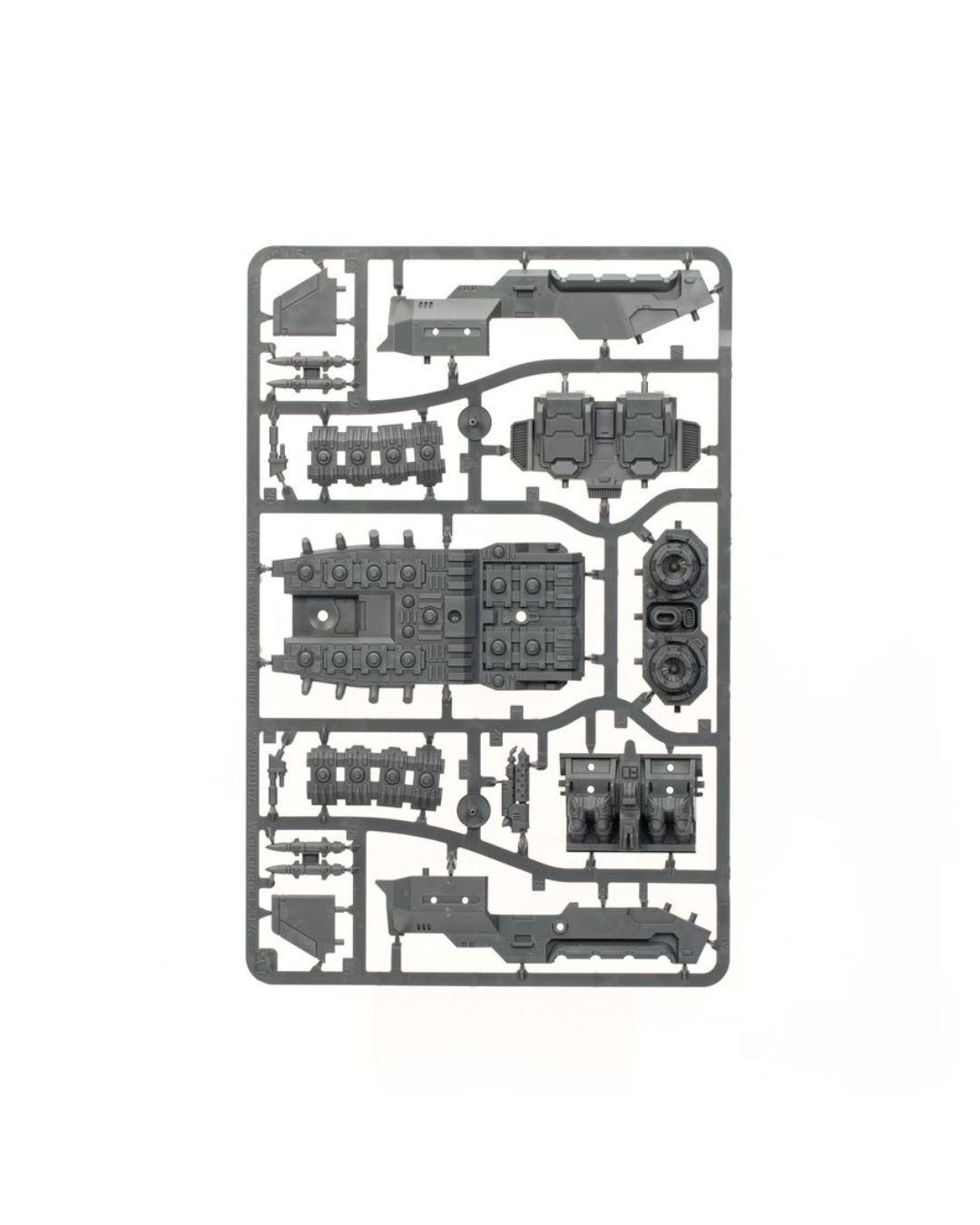 A gray plastic sprue containing multiple unpainted miniature model parts, photographed flat against a solid white background.
