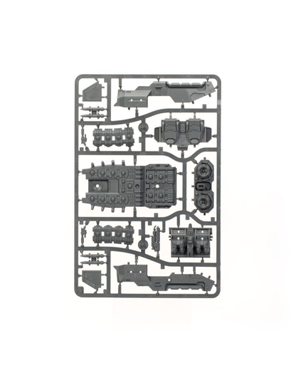 A gray plastic sprue containing multiple unpainted miniature model parts, photographed flat against a solid white background.