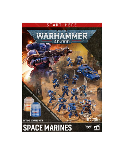 Front cover of the Warhammer 40,000 Space Marines starter box, showing painted blue space marines, a blue vehicle on a white background.