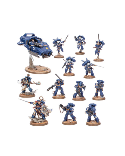 A set of Warhammer painted miniature figurines and a blue vehicle mounted on round bases, arranged on a plain white background. The figures are primarily dark blue with silver armor details and some gold accents, while the vehicle is also blue with small white markings.