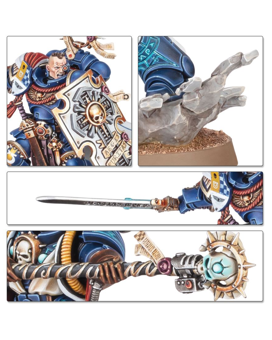 A four-panel product detail collage showing a painted Warhammer miniature figure and its accessories on a white background. The panels include a close-up of the figure's helmet and chest armor, a rocky base detail, a side view of the sword, and a close-up of the weapon hilt with glowing blue orb and metallic details.