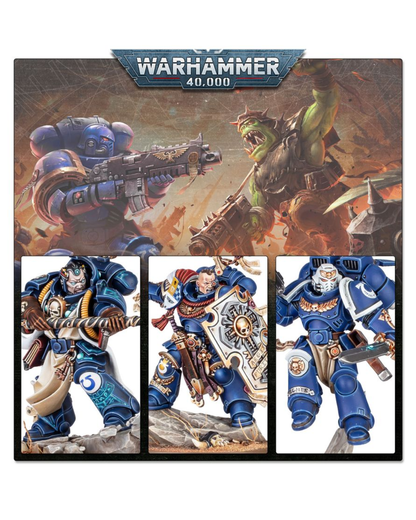 A Warhammer 40,000 themed gaming mat or playmat featuring battle art of Space Marine soldiers and an ork, with three character panels at the bottom showing painted miniatures.