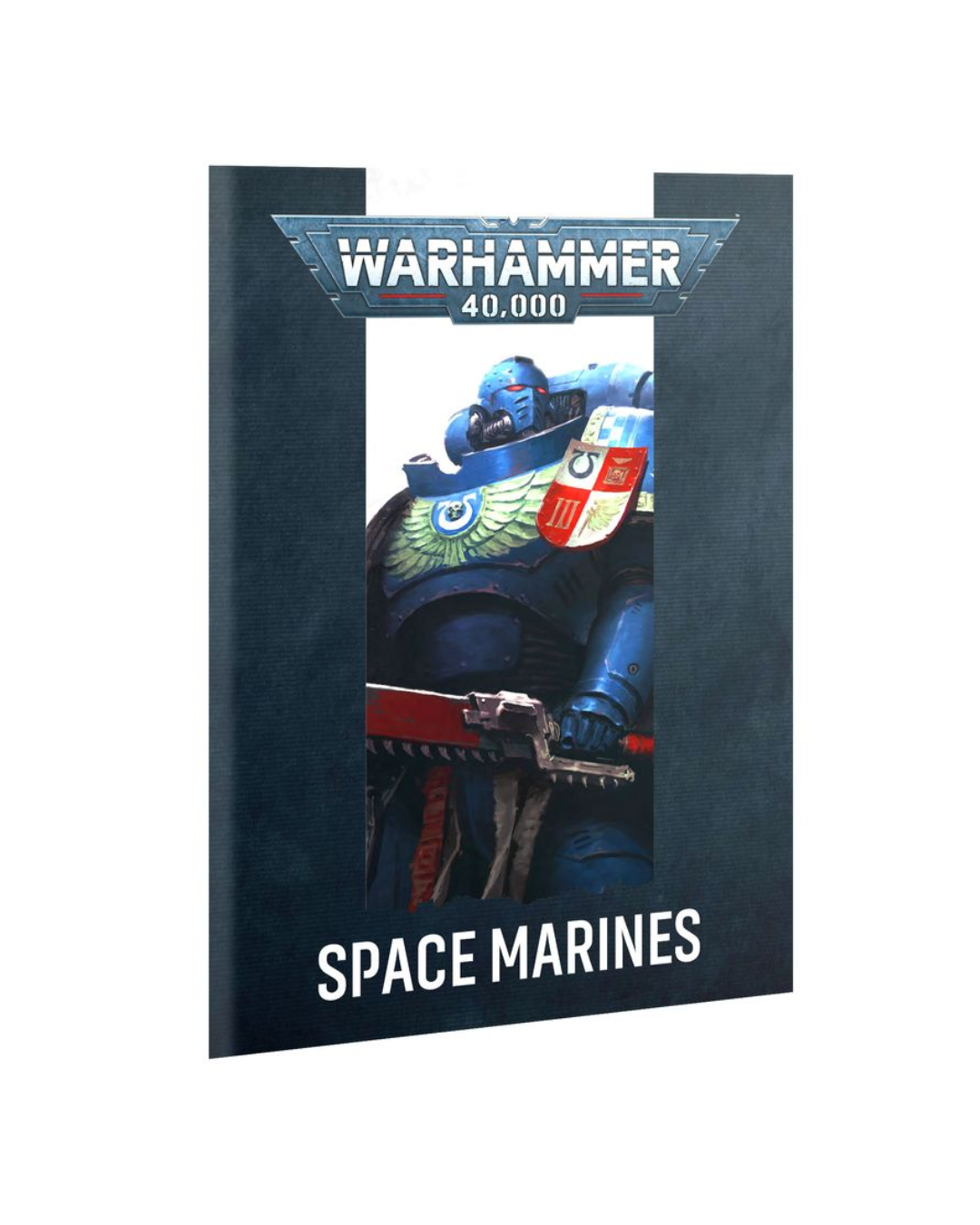 Warhammer 40,000 Space Marines book or box cover shown at a slight angle on a plain white background. The cover features a blue armored space marine with a chainsword and the Warhammer 40,000 logo at the top, and the words 'SPACE MARINES' at the bottom.