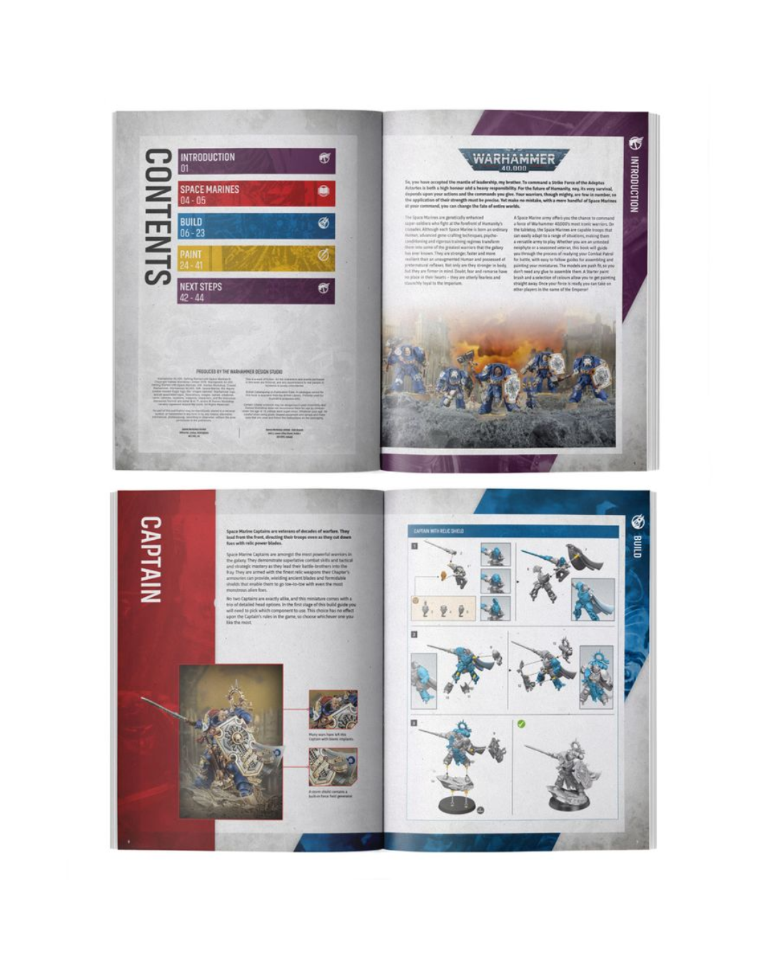 An open book or magazine showing printed pages with Warhammer 40k  content, including a contents overview, a captain section, and miniature illustrations, photographed on a white background.