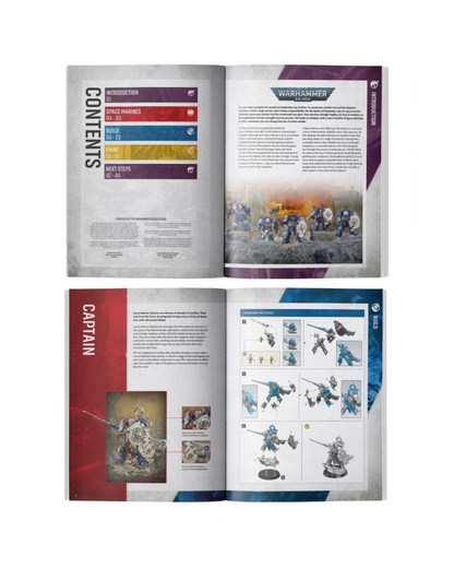 An open book or magazine showing printed pages with Warhammer 40k  content, including a contents overview, a captain section, and miniature illustrations, photographed on a white background.