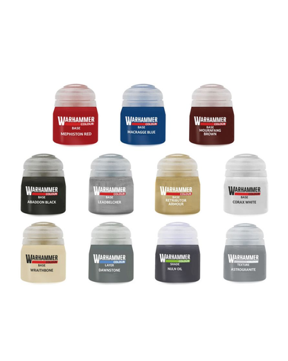 A 12-pack of Warhammer 40k Miniatures Enamel Paint bottles arranged in a grid on a white background, featuring 12 different paint colors.